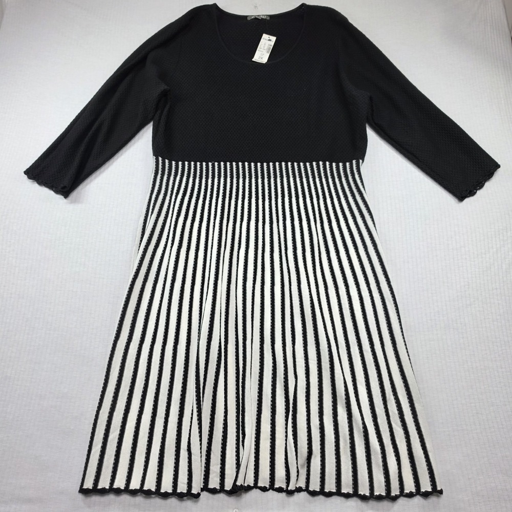 NWT Roz & Ali Dressbarn Black White Striped Sweater Dress 2X Scalloped Mod Retro